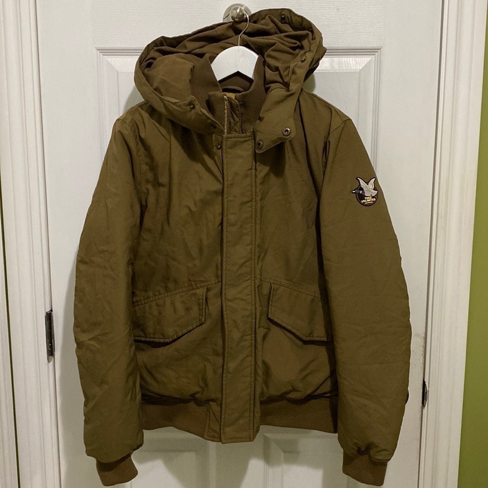 Chevignon Togs Vintage Down Bomber Jacket Women’s Size Medium Brown Hood Winter